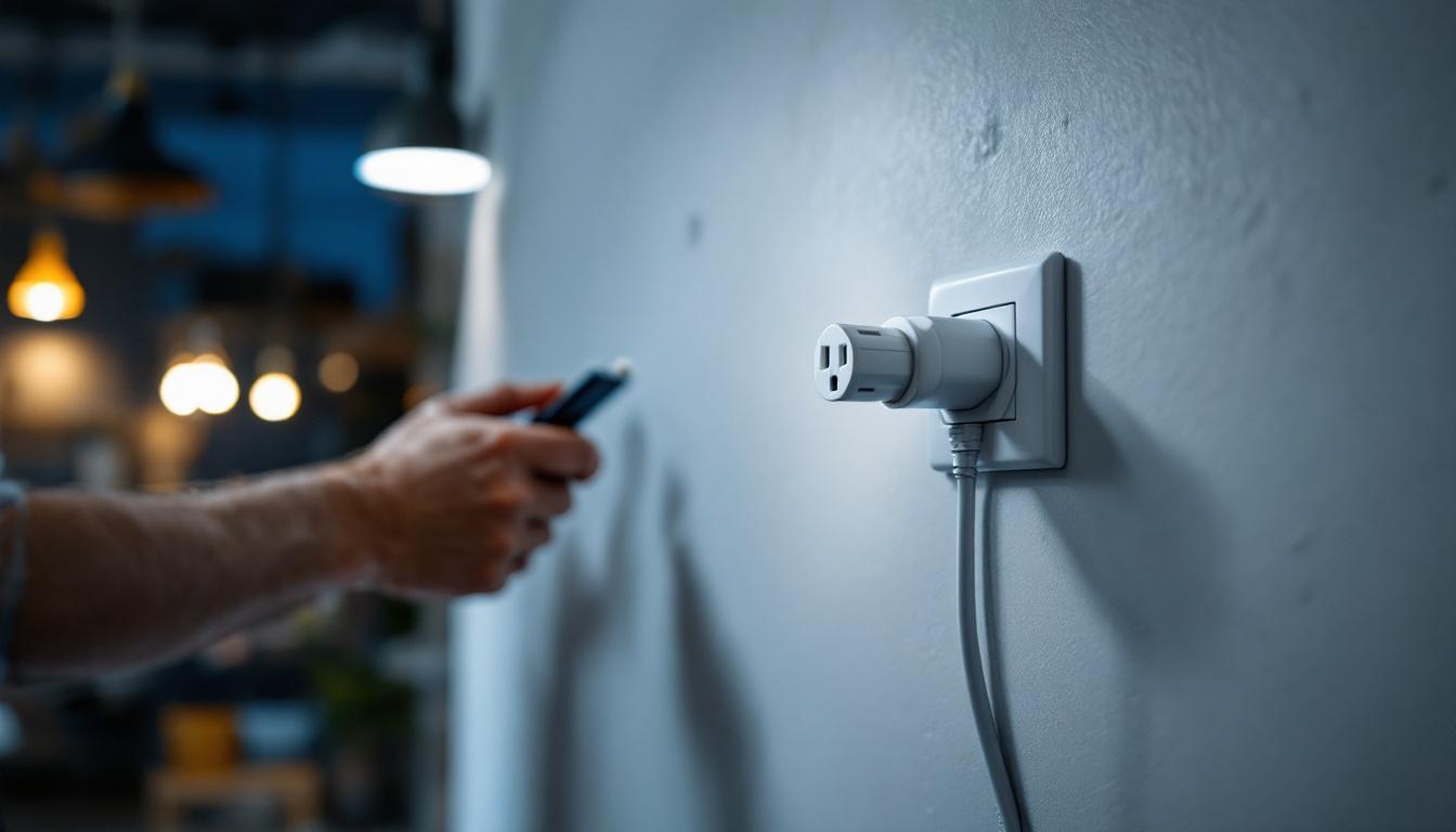A photograph of a well-lit workspace featuring a locking plug outlet in use