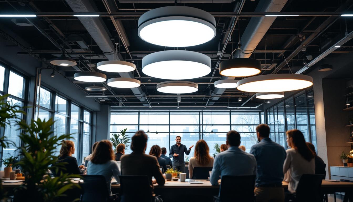 A photograph of a modern commercial space showcasing various ceiling lighting designs