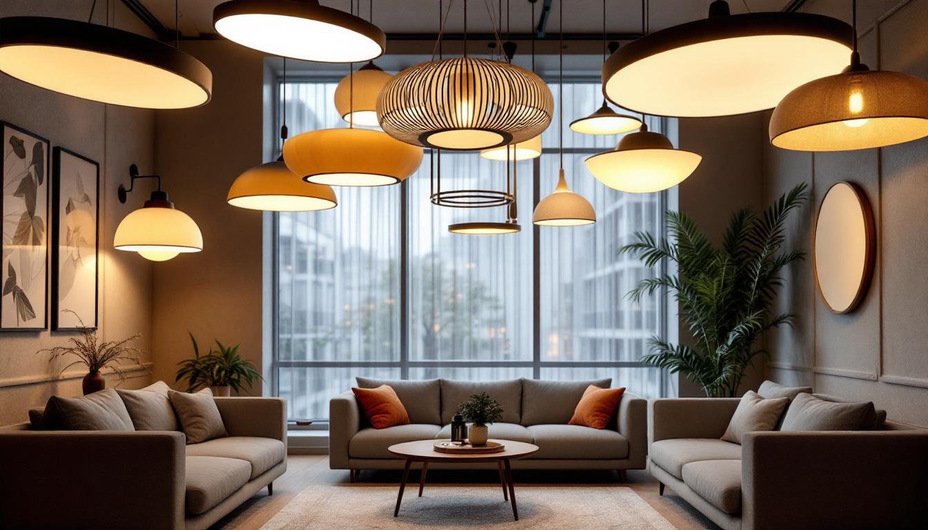 A photograph of a stylish lounge setting featuring various ceiling light fixtures