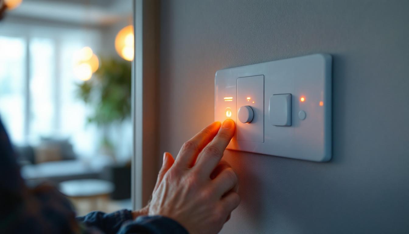 A photograph of a close-up shot of an in-wall timer light switch installed in a modern home setting