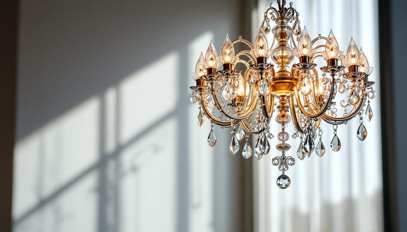 A photograph of a stylish chandelier elegantly suspended in a modern interior space