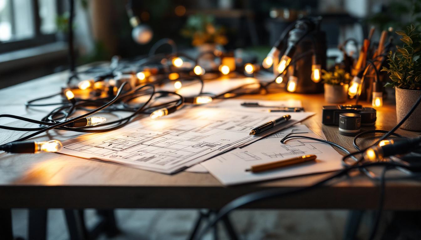 A photograph of a beautifully arranged workspace featuring a variety of lighting cables intertwined with design sketches and lighting fixtures