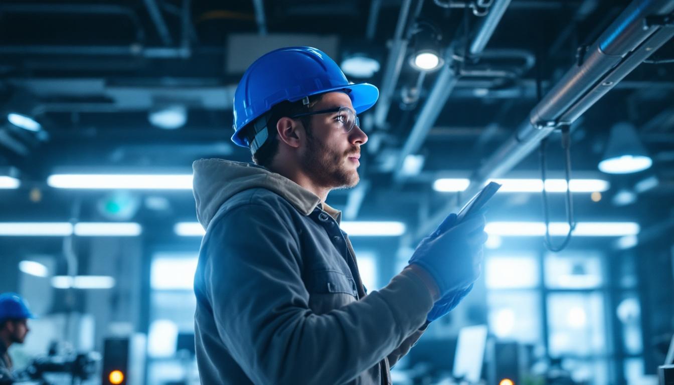 A photograph of a skilled electrical engineer examining a sophisticated lighting installation