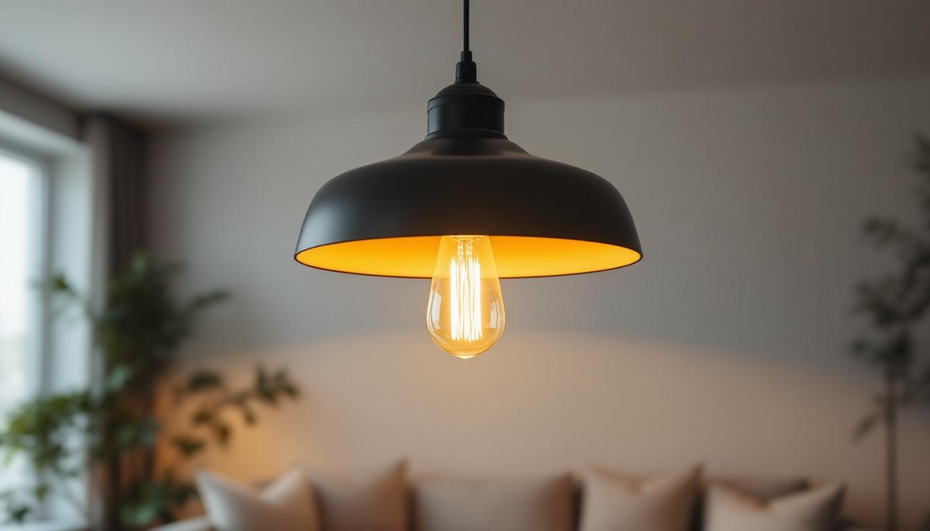 A photograph of a stylish ceiling pendant light fixture elegantly illuminating a cozy living space