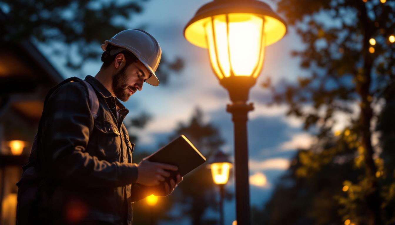 A photograph of a beautifully illuminated outdoor lamp post at dusk