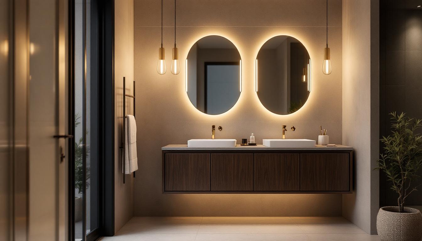 A photograph of a beautifully designed bathroom vanity with stylish lighting fixtures that highlight the elegance and functionality of the space