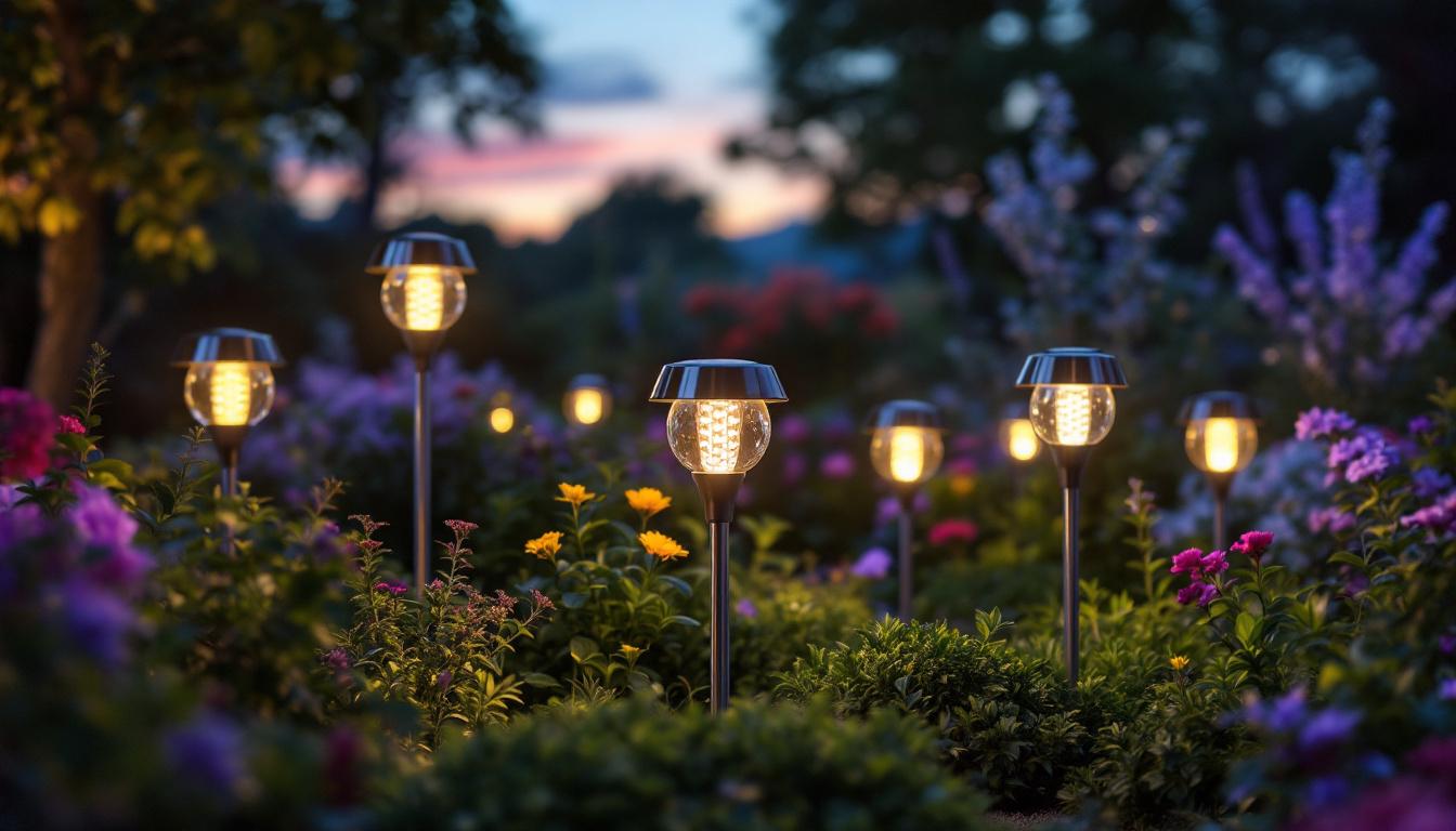 A photograph of a beautifully illuminated garden scene at dusk featuring various led solar garden lights