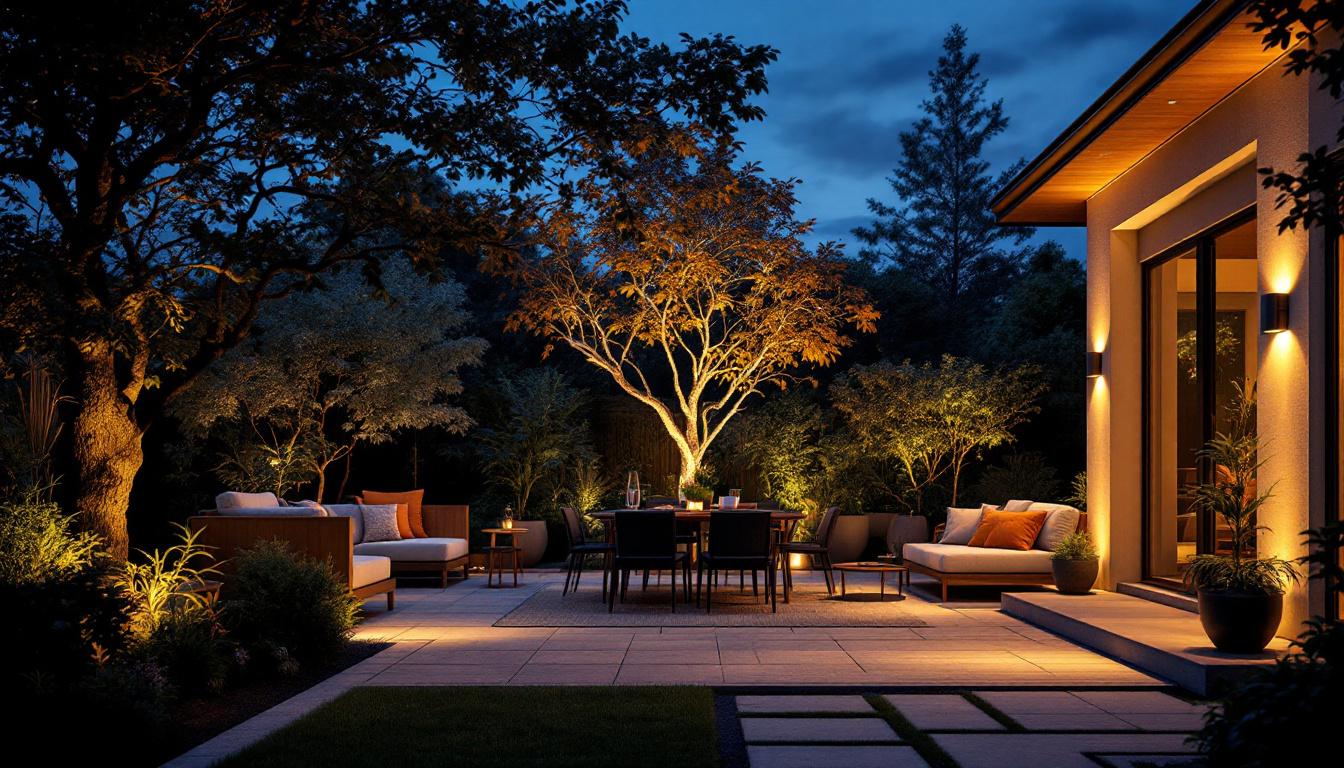 A photograph of a beautifully illuminated outdoor space at dusk