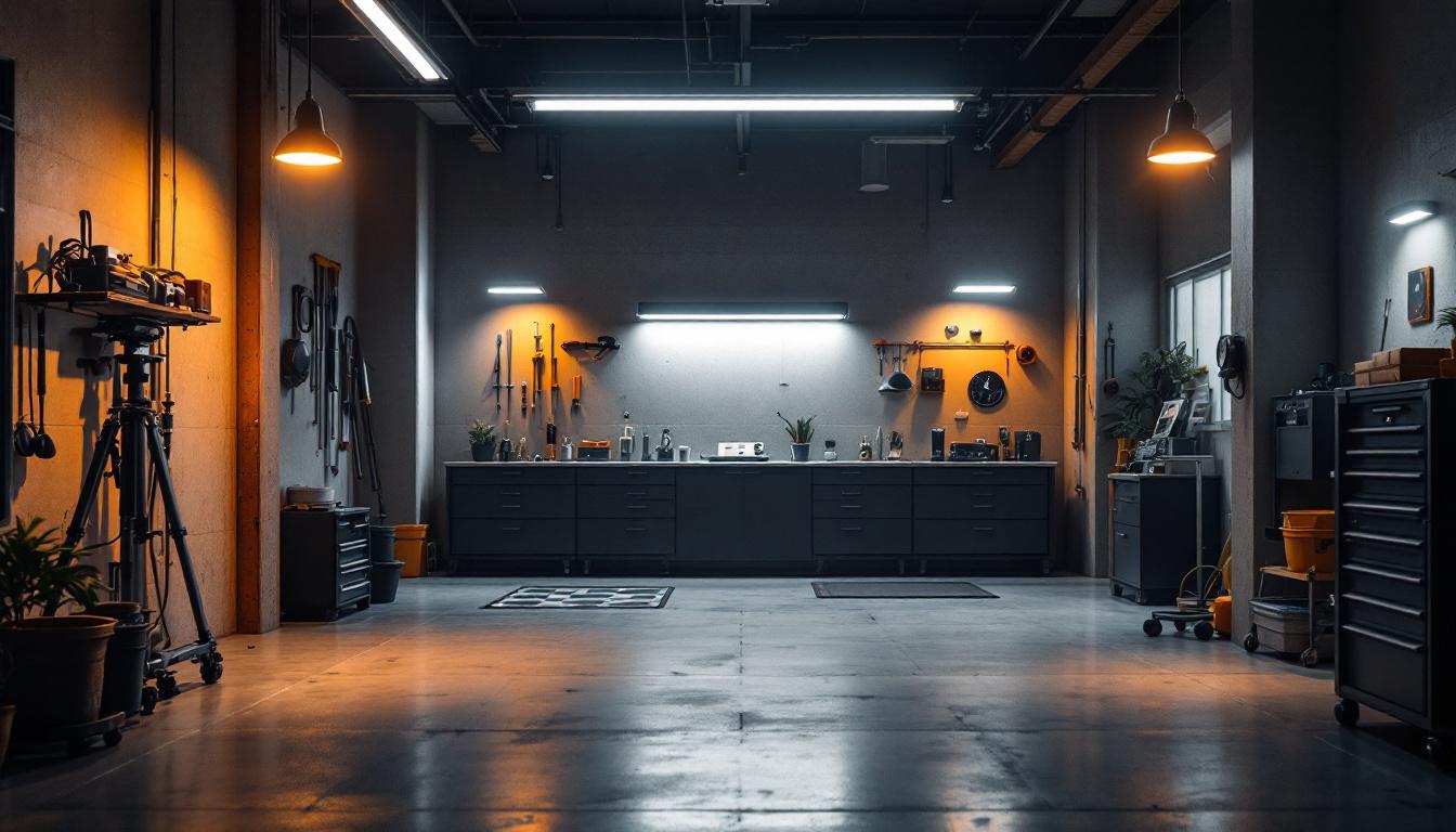 A photograph of a well-lit garage showcasing various led lighting setups