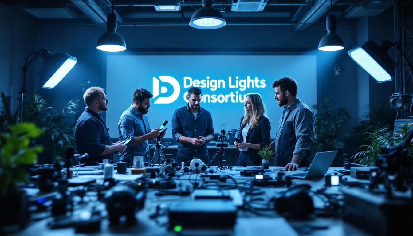 A photograph of a diverse group of engineers collaborating around a high-tech lighting design setup
