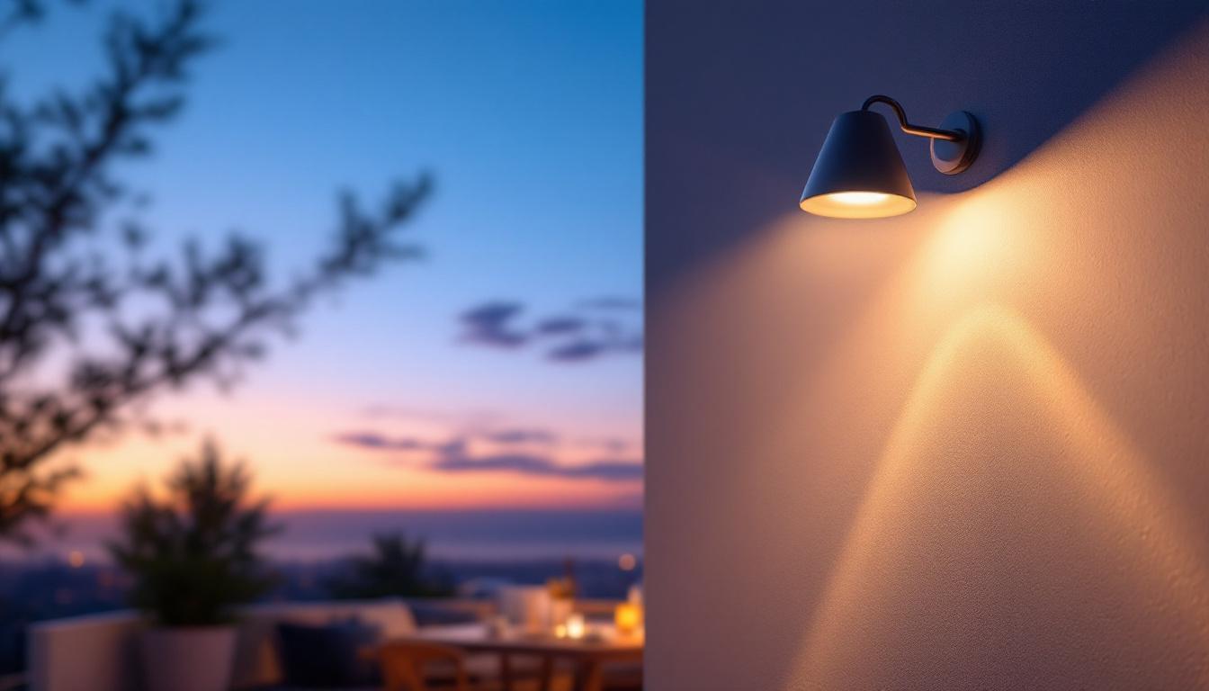A photograph of a beautifully illuminated outdoor space featuring dusk to dawn lighting fixtures