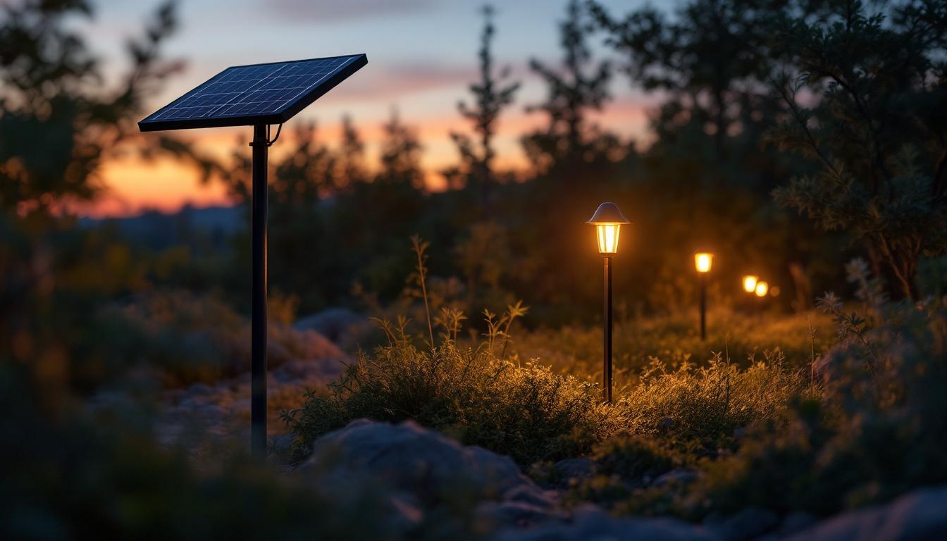 A photograph of a solar-powered lighting system in a natural outdoor setting during twilight