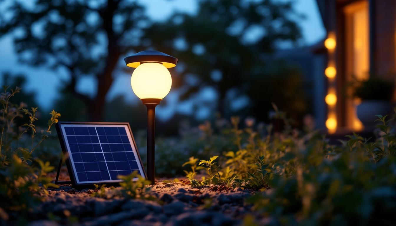 A photograph of a solar lamp kit set up in a serene outdoor environment at dusk