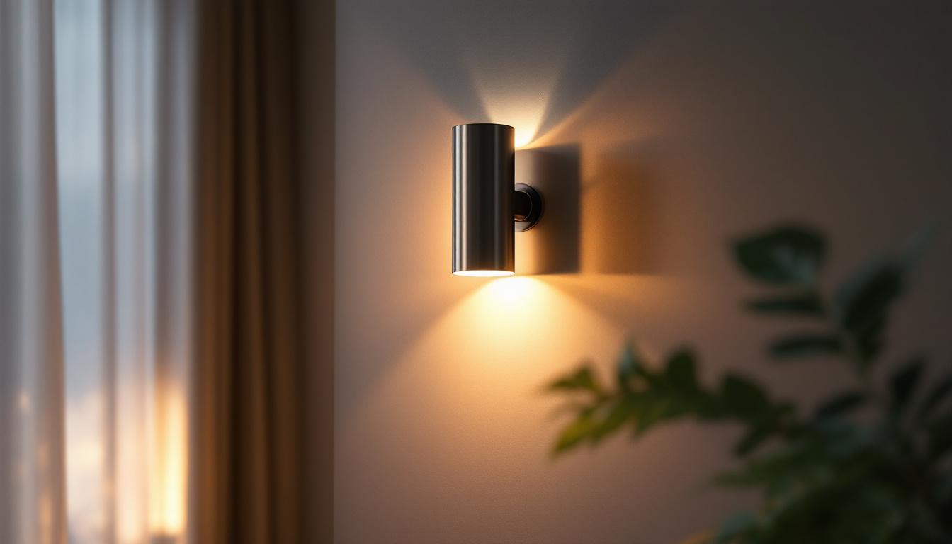 A photograph of a stylish cylinder sconce illuminating a modern interior space