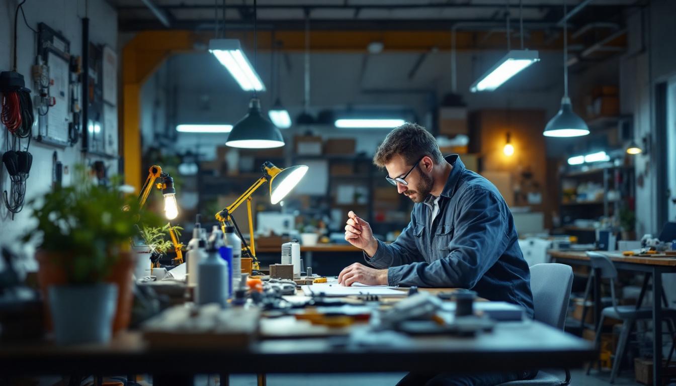 A photograph of a well-lit workspace featuring a variety of t12 led lamps in use