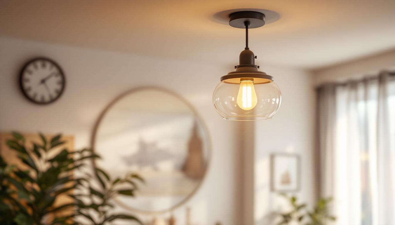 A photograph of a stylish flush mount lantern light installed in a beautifully lit interior space