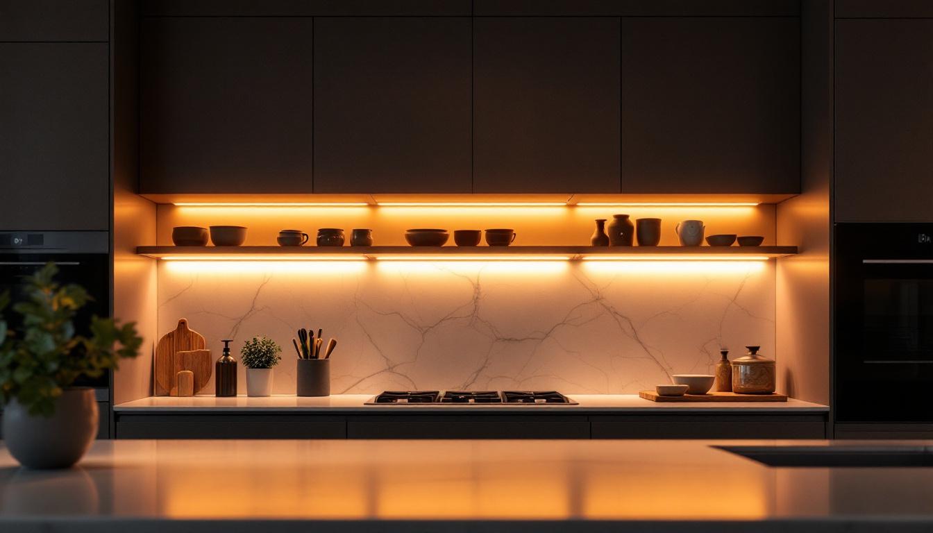 A photograph of a modern kitchen featuring sleek strip led lighting integrated into cabinetry and under shelves