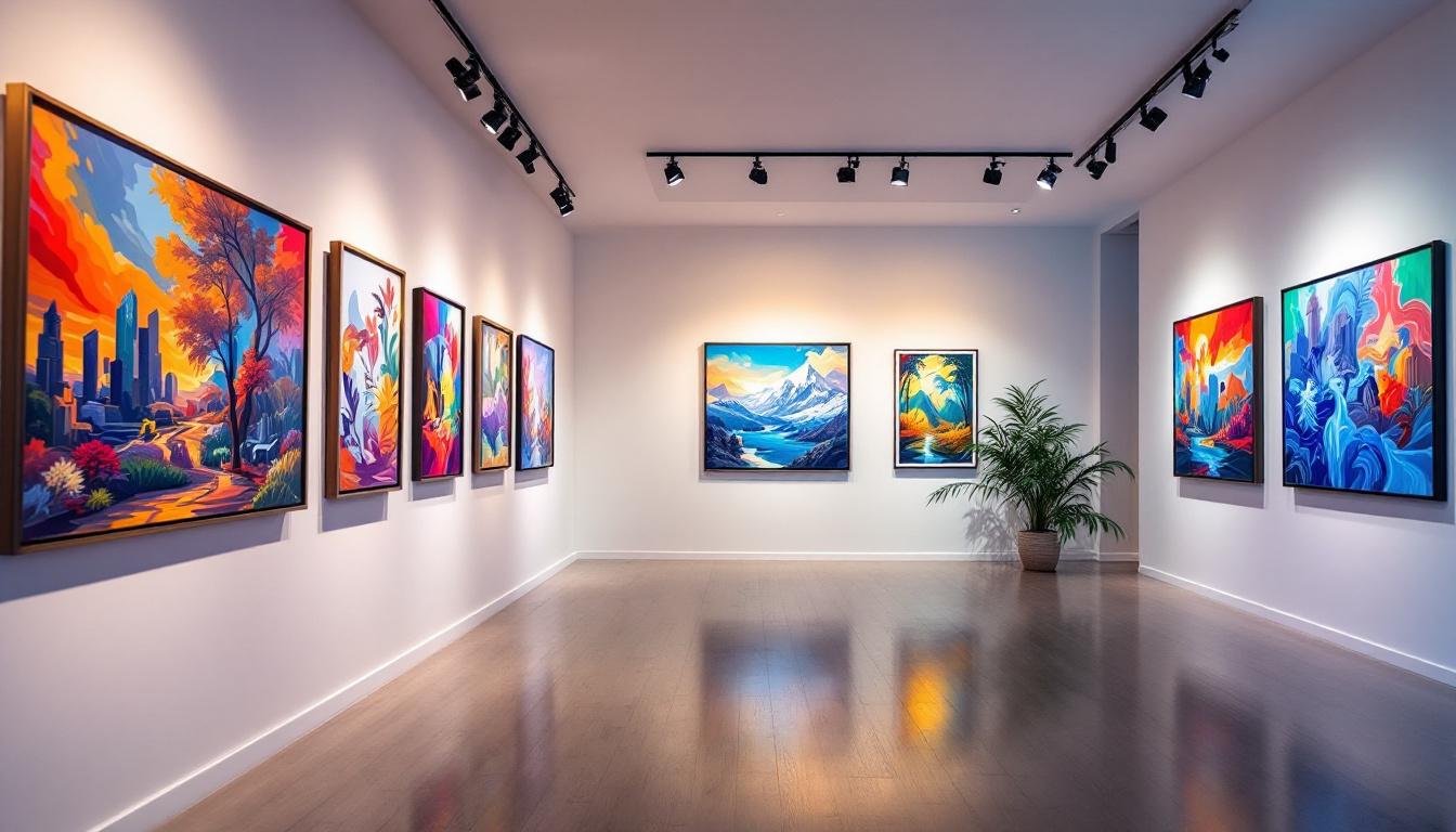 A photograph of a beautifully lit art gallery featuring modern track lighting that highlights vibrant artwork