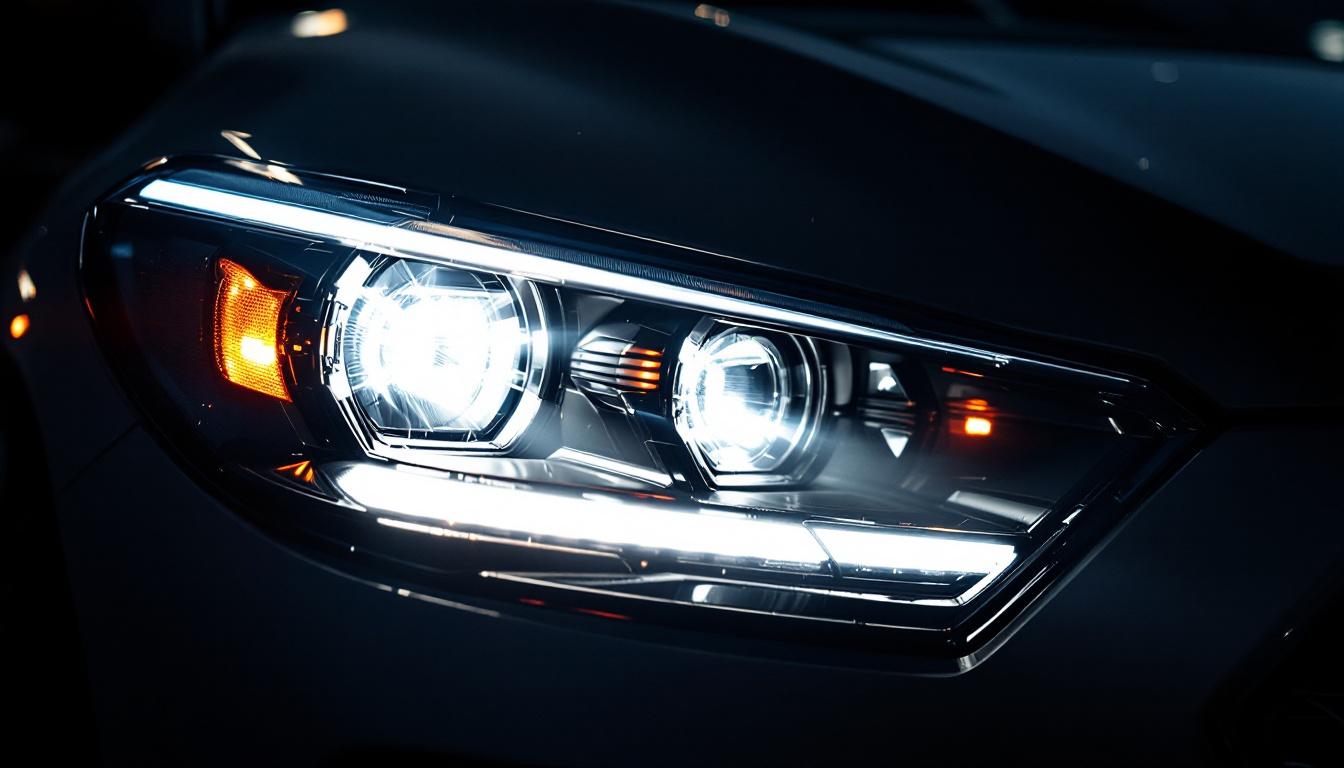 A photograph of a close-up view of a high-intensity discharge (hid) headlight in action