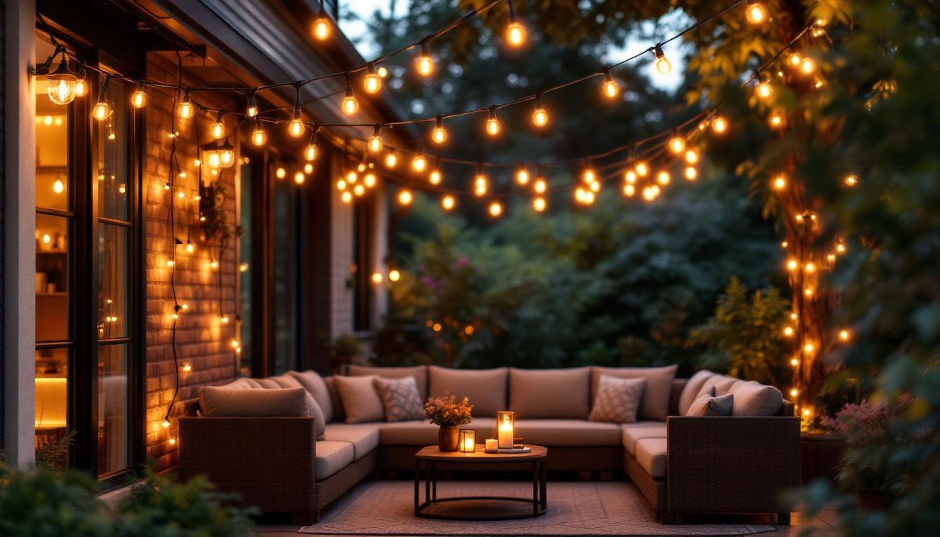 A photograph of a beautifully lit outdoor patio scene featuring string lights elegantly draped across a cozy seating area