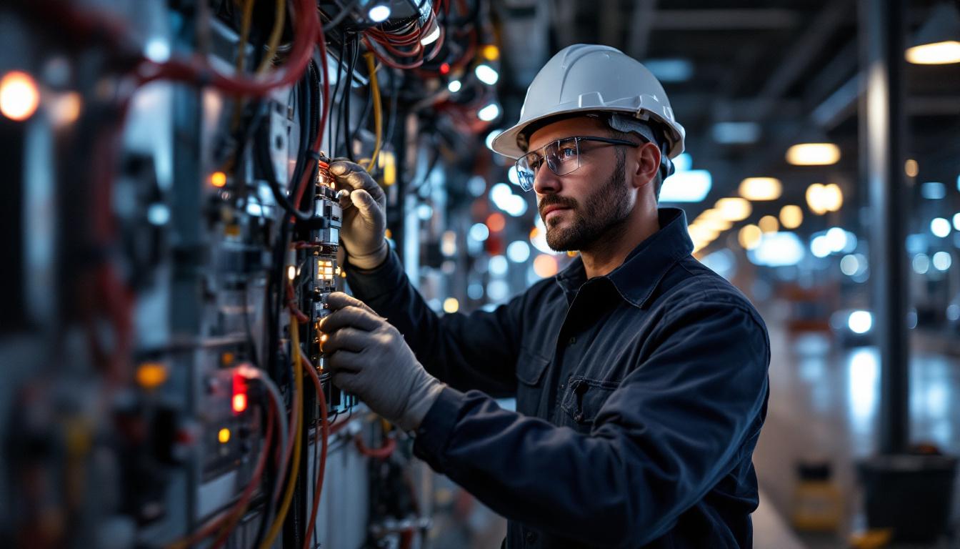 A photograph of a skilled electrical engineer working on the design and installation of airport lighting systems