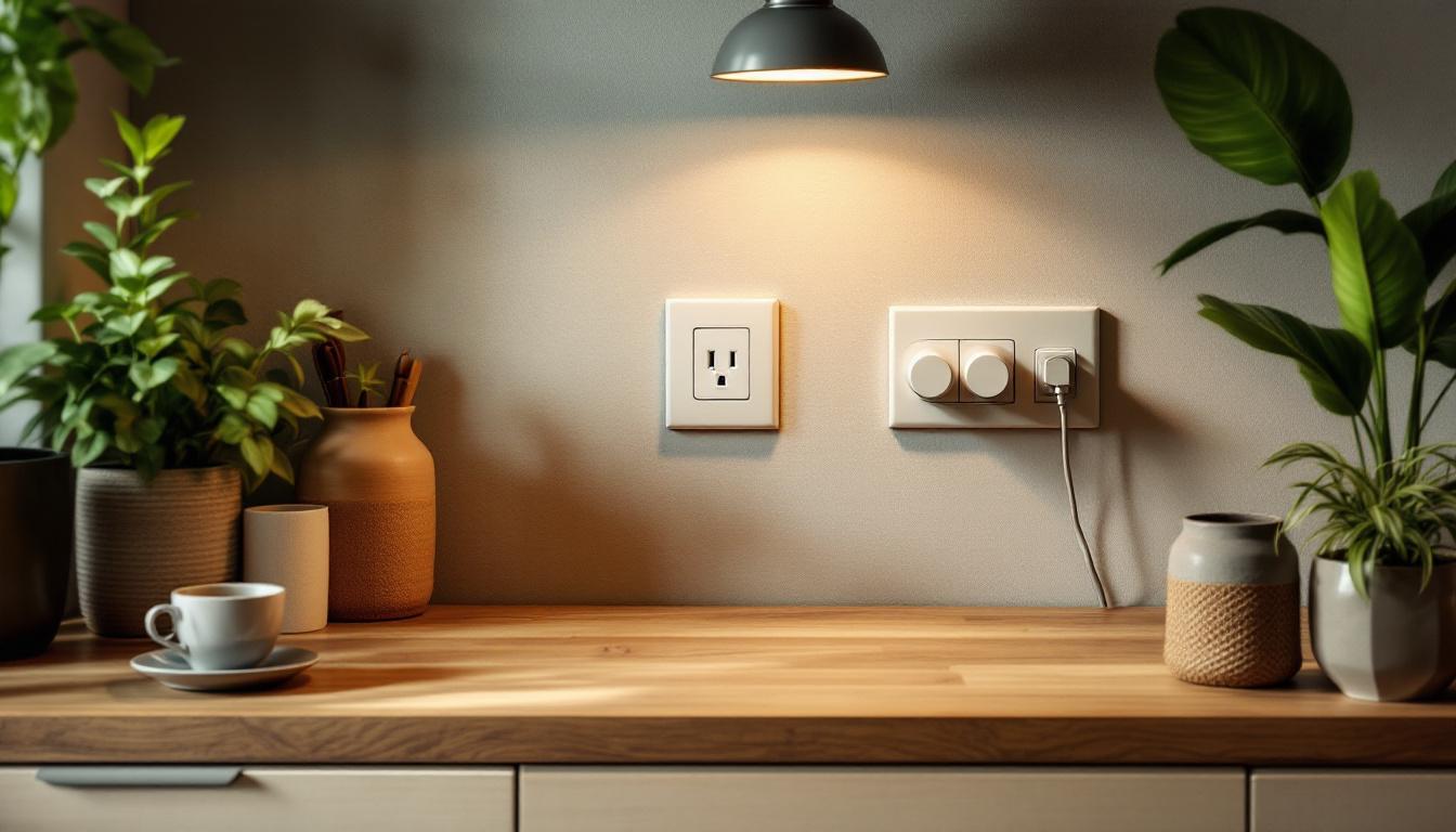 A photograph of a stylish duplex outlet integrated into a modern