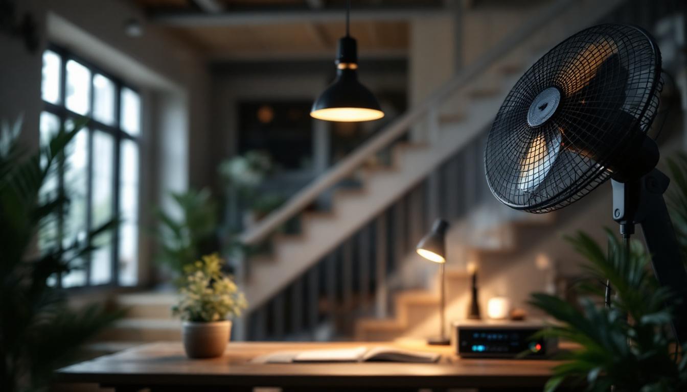 A photograph of a well-lit indoor space showcasing a stylish lighting fan in use