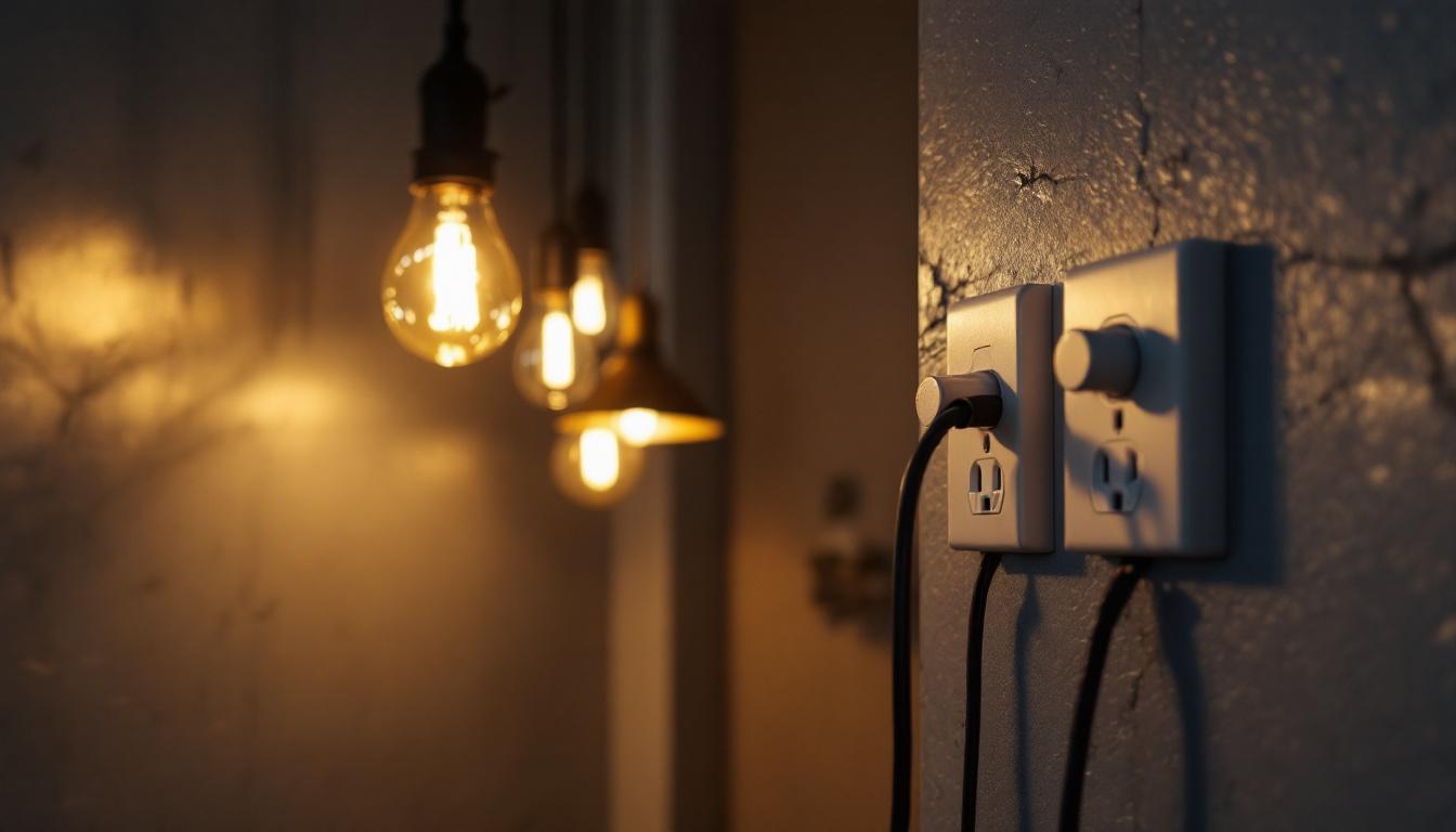 A photograph of a well-lit interior space showcasing a variety of lighting fixtures connected to an outlet duplex