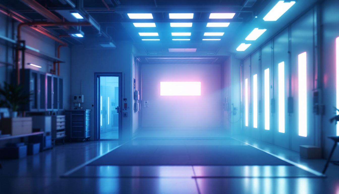 A photograph of a modern paint booth illuminated with energy-efficient led lighting