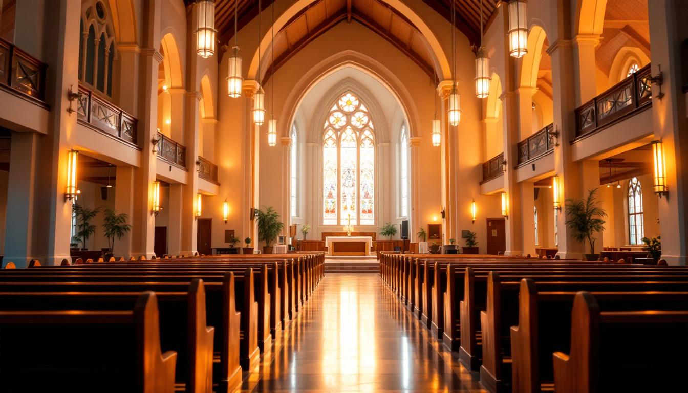 A photograph of a beautifully lit church interior