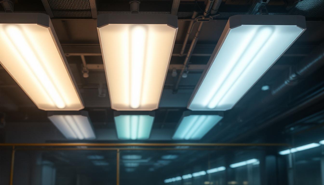 A photograph of a large-scale lighting installation featuring fluorescent light diffusers in an industrial or commercial setting