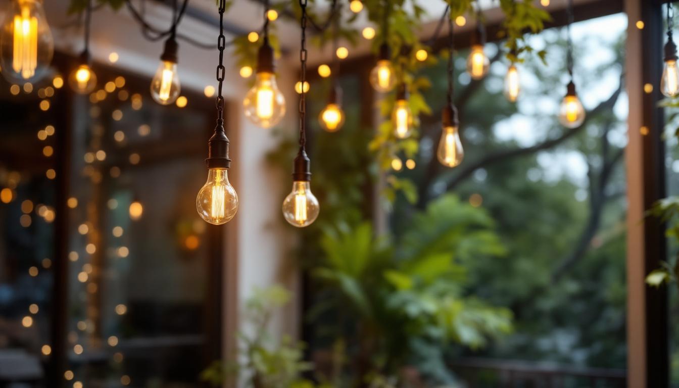 A photograph of a beautifully styled outdoor or indoor space featuring chain hanging lights