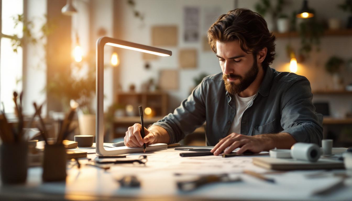 A photograph of a modern workspace featuring an engineer or designer actively working on a sleek