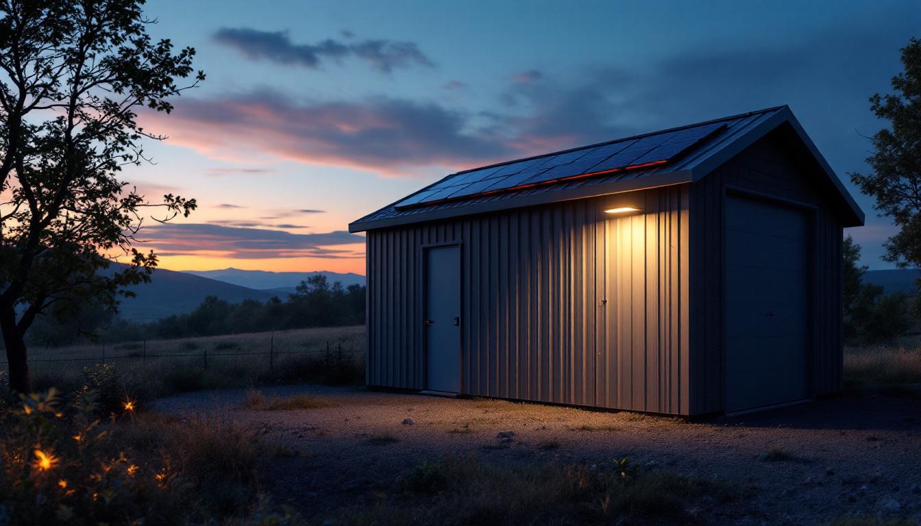 A photograph of a well-lit storage shed at dusk