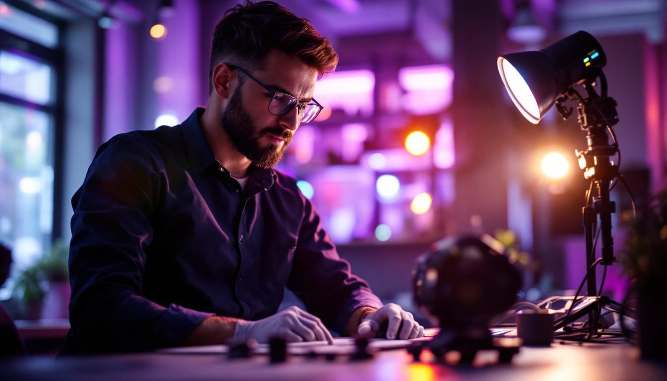 A photograph of a skilled engineer adjusting a sophisticated lighting system in a modern workspace