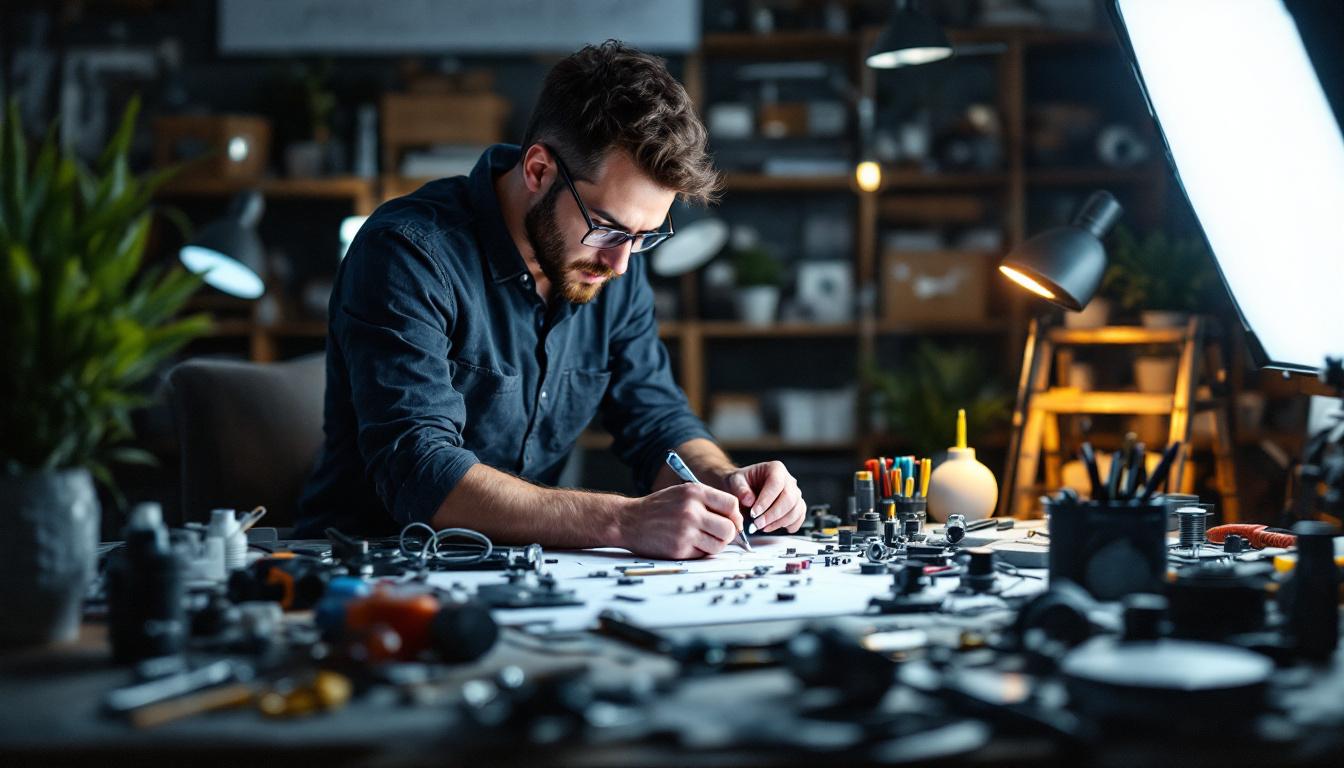 A photograph of a skilled lighting engineer at work