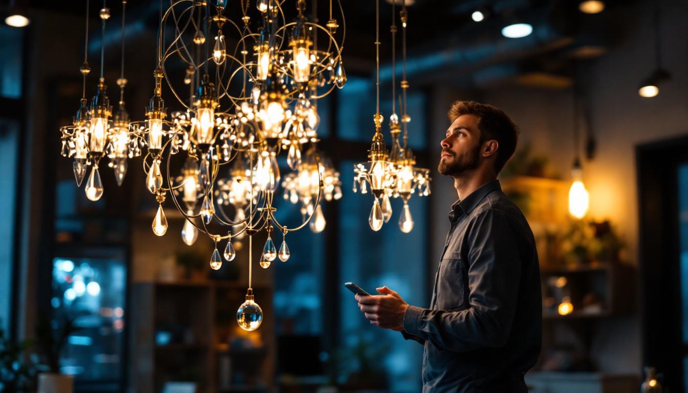 A photograph of a stunning chandelier elegantly illuminated in a modern setting