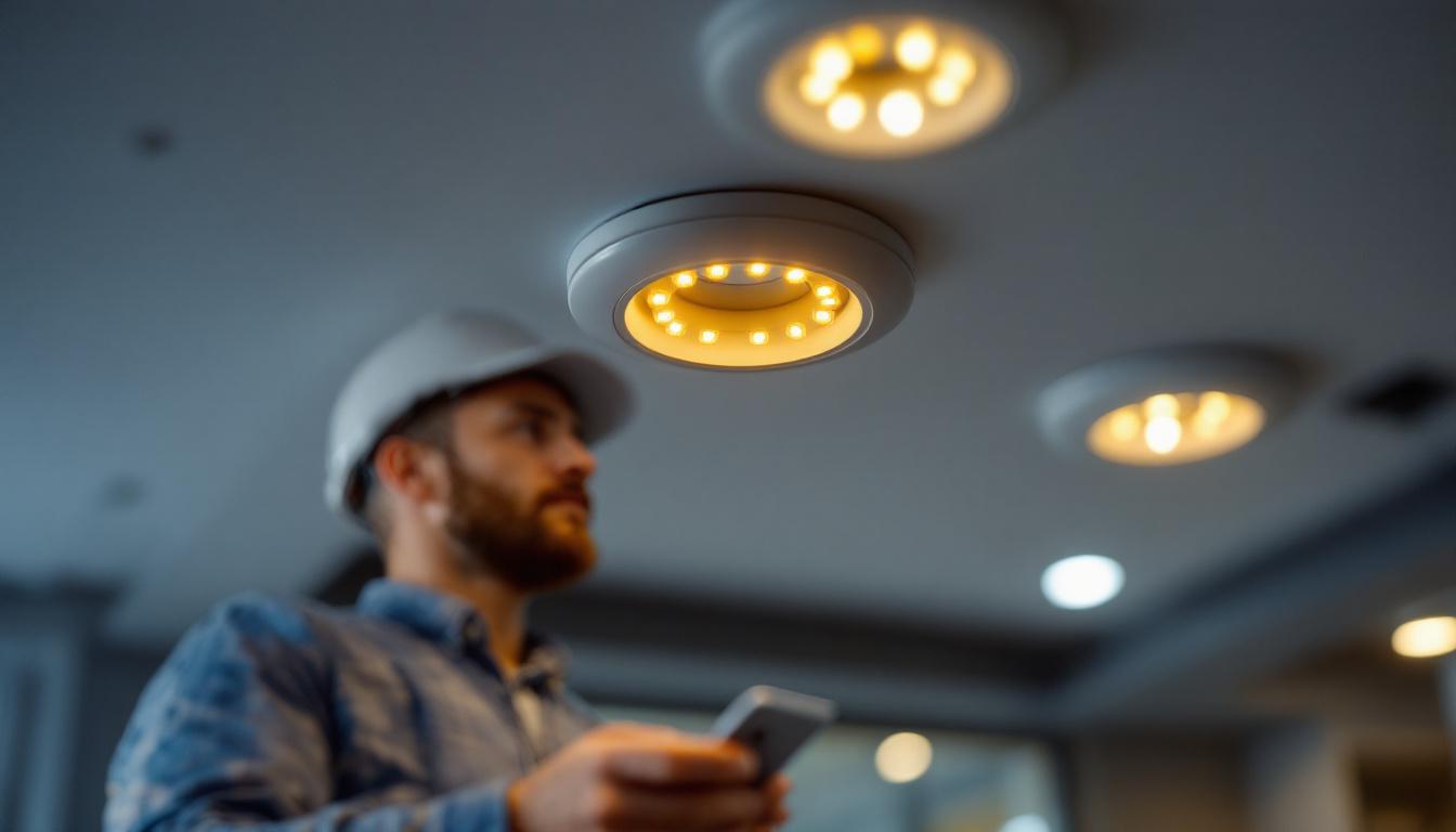 A photograph of a close-up shot of tiny recessed led lights installed in a modern ceiling