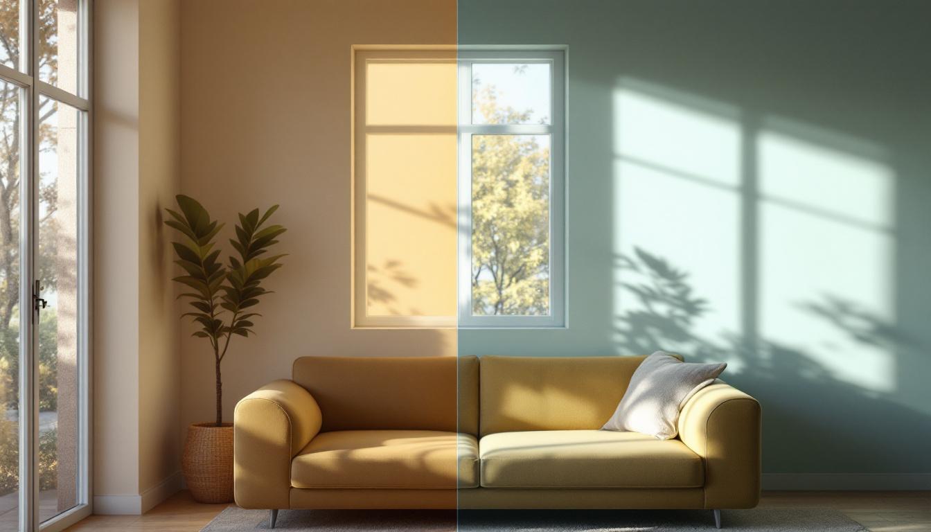 A photograph of a well-lit interior space showcasing a side-by-side comparison of direct sunlight streaming through a window and the softer
