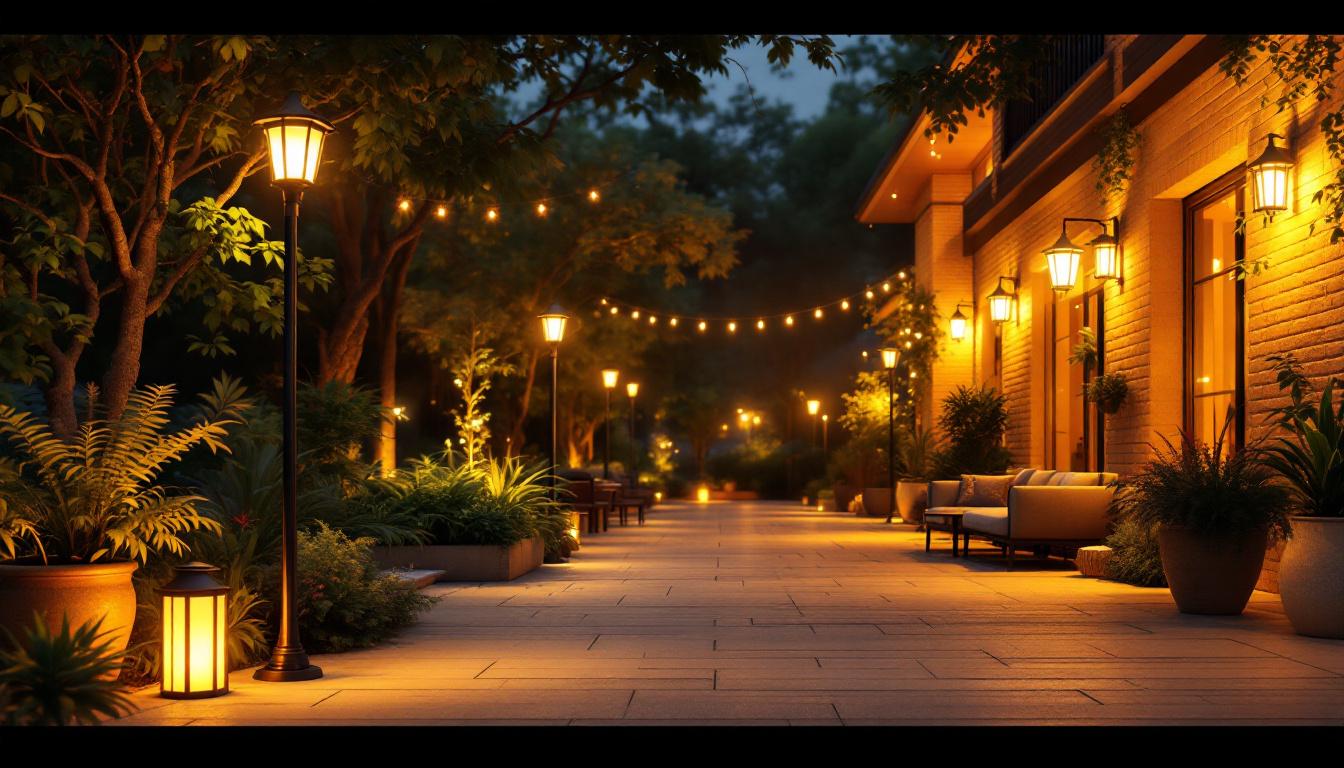 A photograph of a beautifully illuminated outdoor space featuring various styles of pole lighting