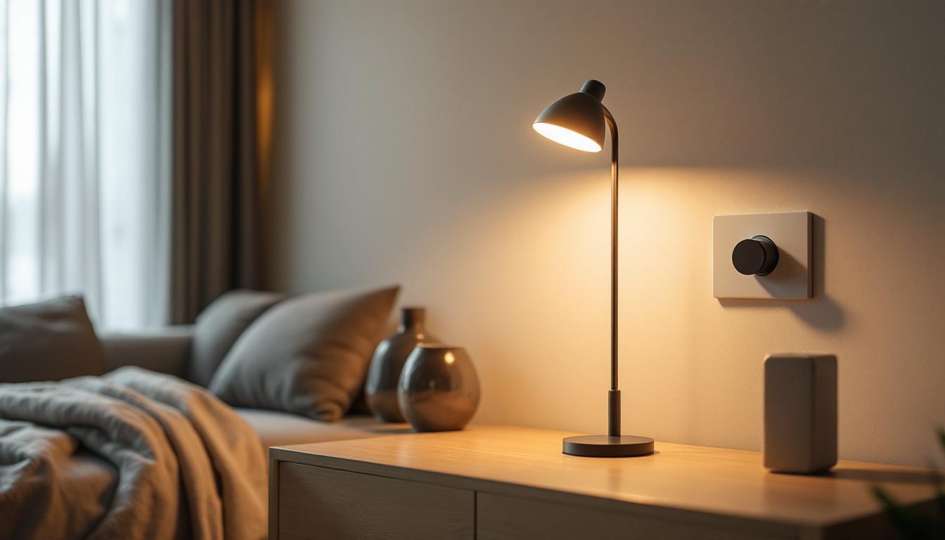 A photograph of a modern living space featuring a stylish led lamp with a dimmer switch in action