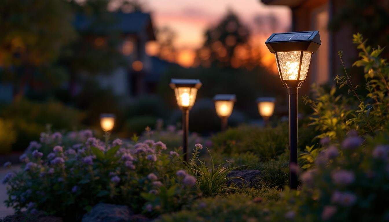 A photograph of capture a photograph of solar-powered outdoor lights in a beautifully landscaped setting during dusk
