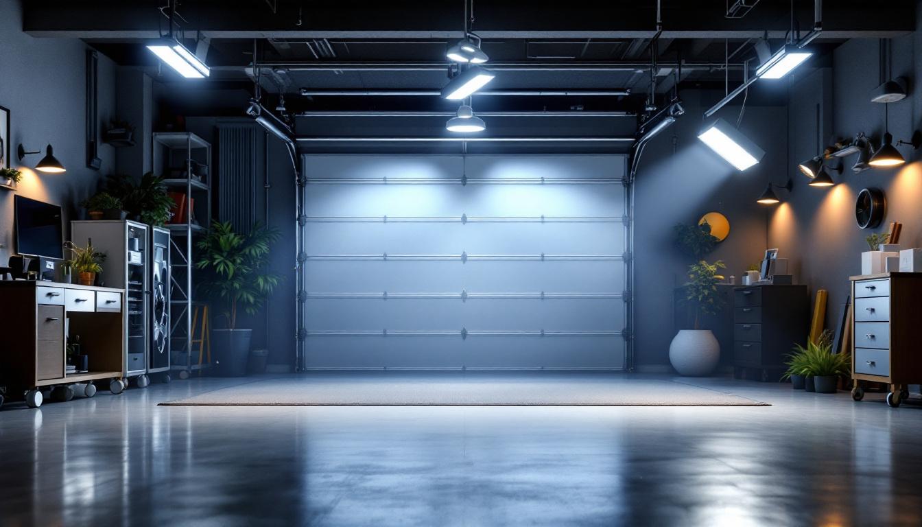A photograph of a well-lit garage showcasing various led lighting setups