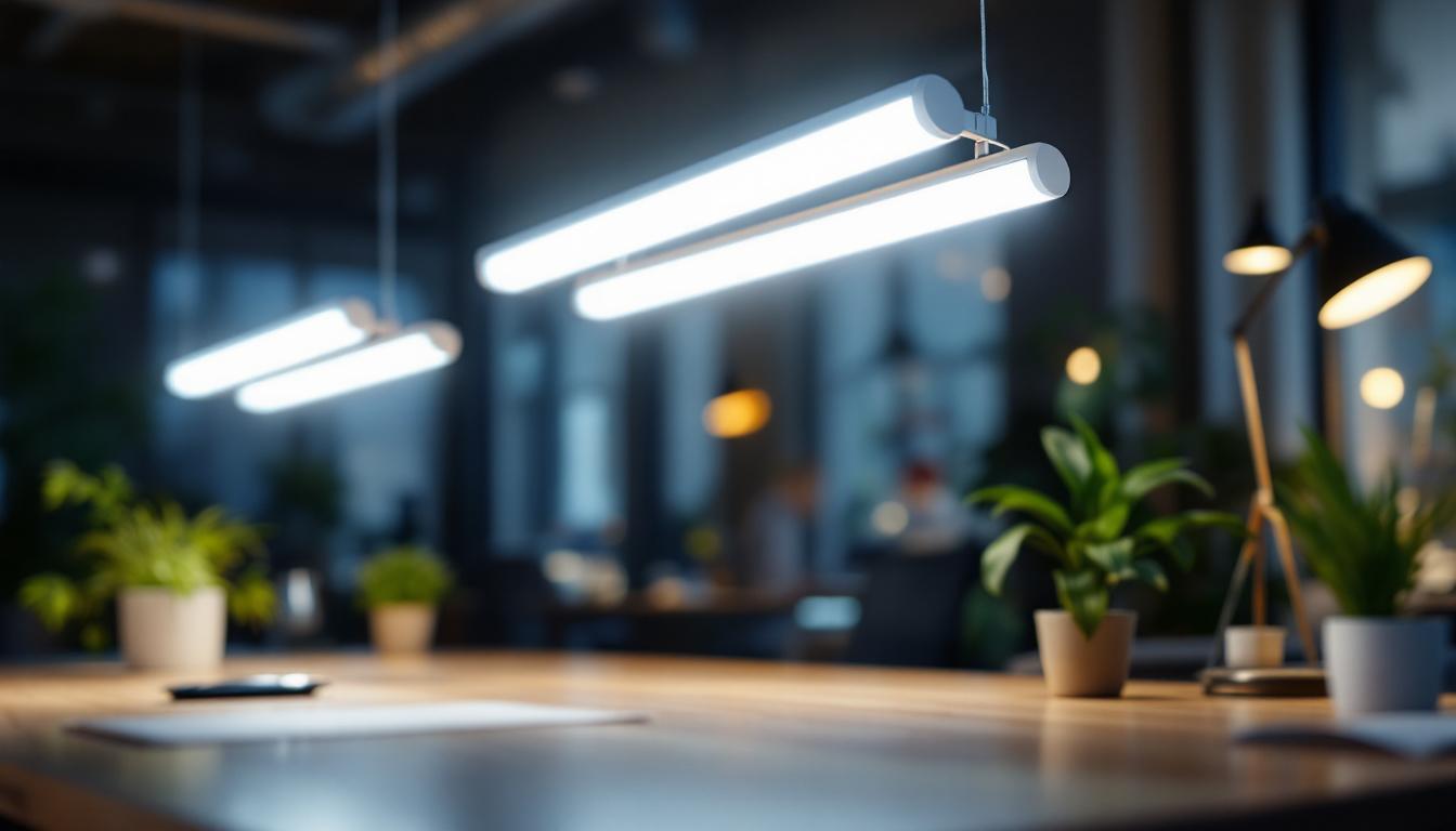 A photograph of a modern workspace illuminated by sleek led t8 lights