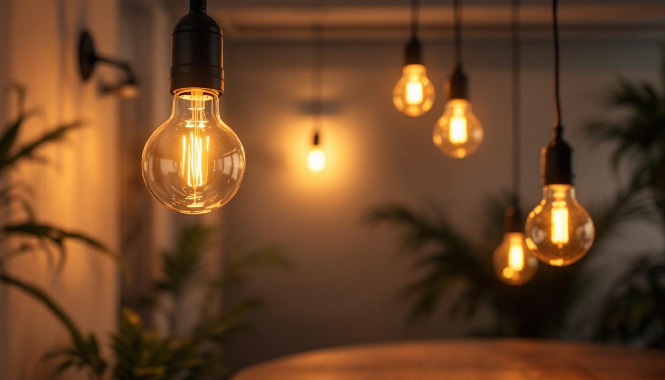 A photograph of a beautifully designed room featuring hanging lights that illuminate the space with a soft