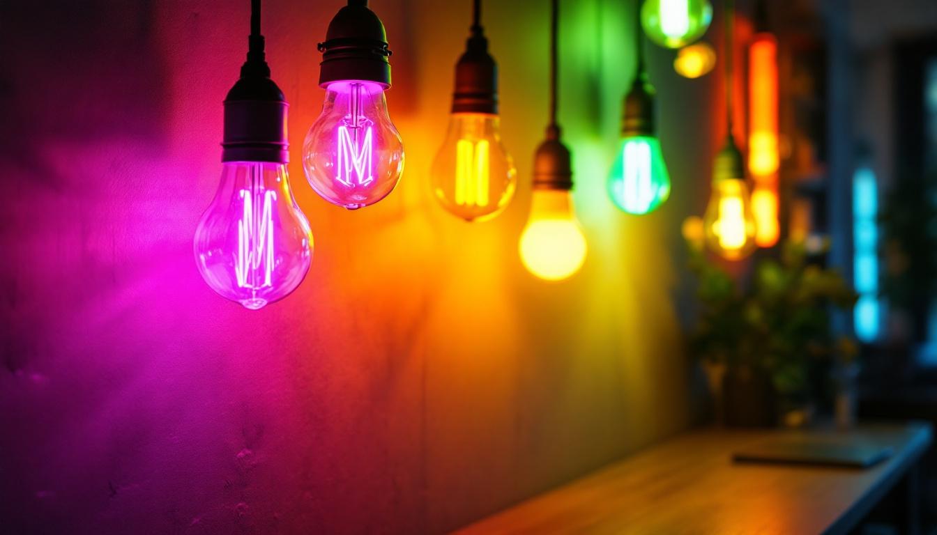 A photograph of a well-lit workspace showcasing various fluorescent bulbs with different color temperatures
