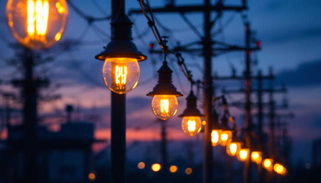 A photograph of a row of illuminated lamp posts at dusk