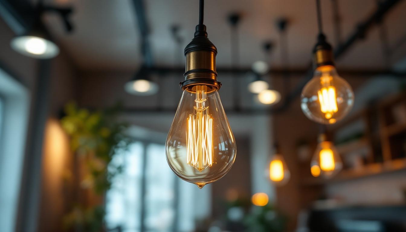 A photograph of a well-designed light bulb ceiling fixture in a modern interior setting