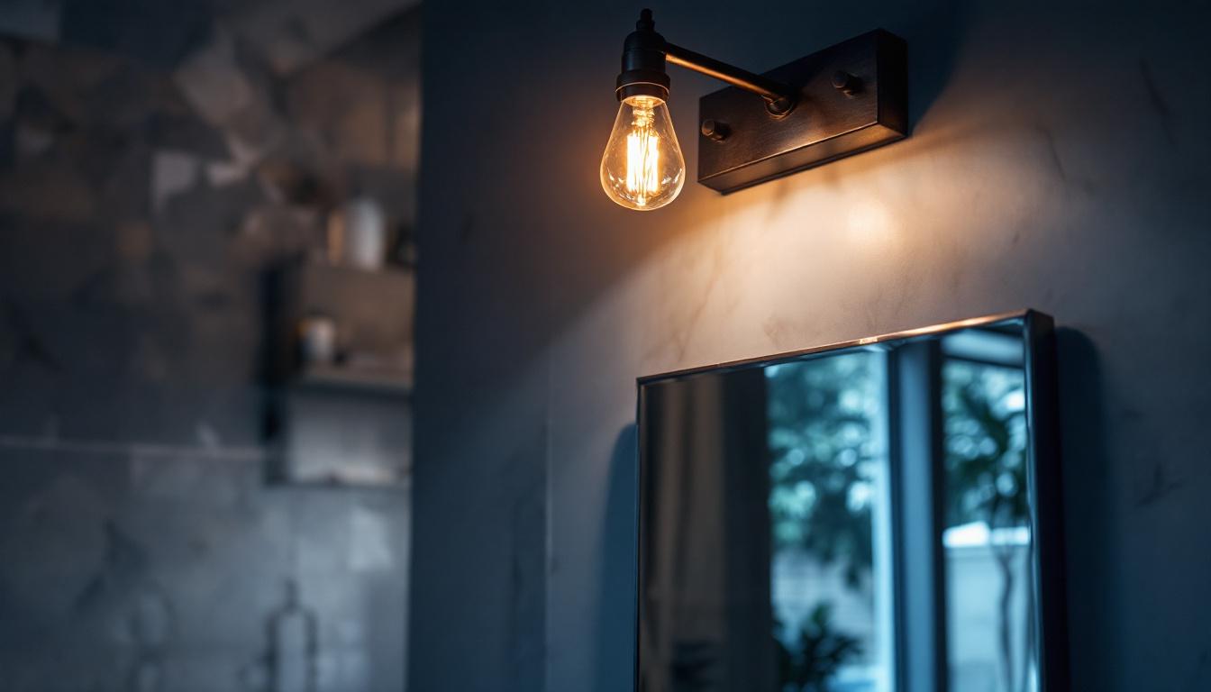 A photograph of a stylish industrial vanity light fixture installed in a modern bathroom setting