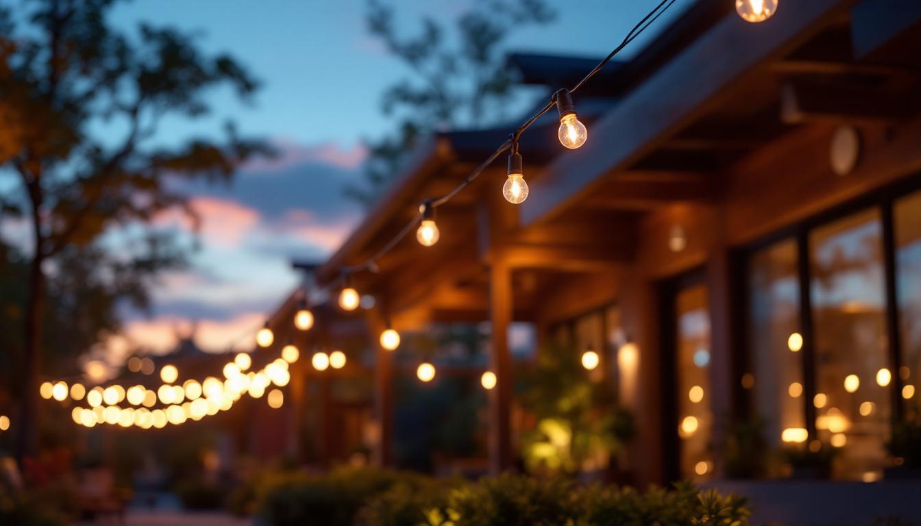 A photograph of a beautifully illuminated outdoor space featuring long outdoor lights